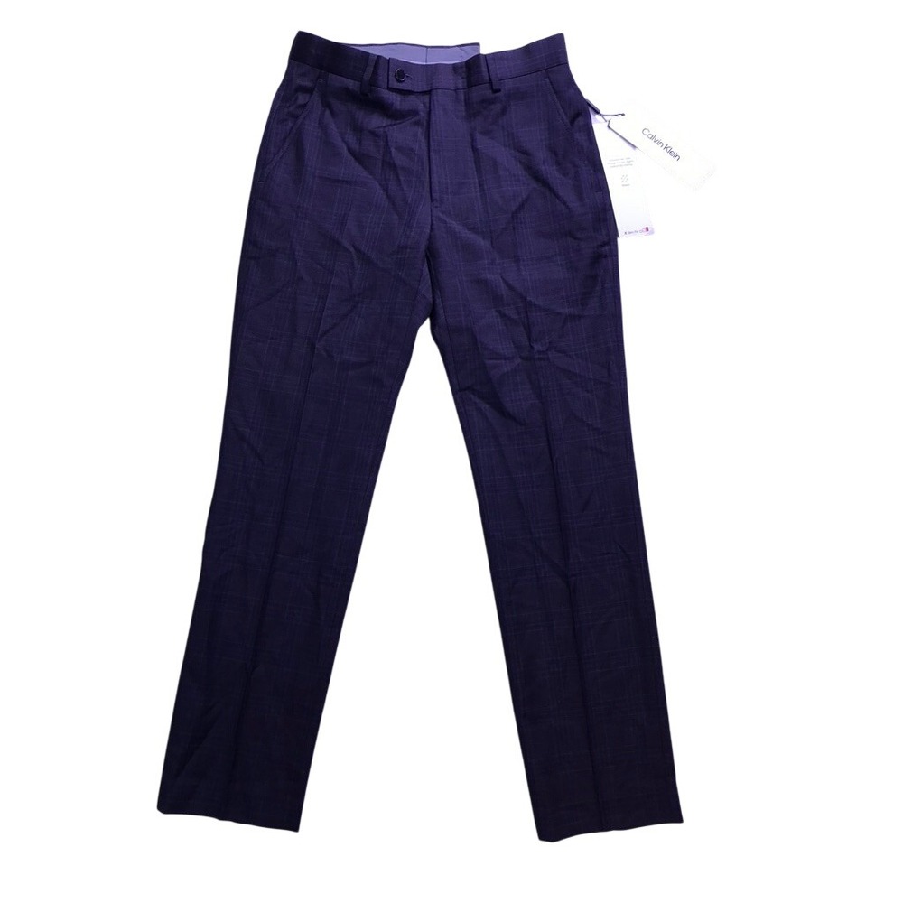 Calvin Klein Dress Pants Mens 30x30 Navy Burgundy Plaid X Slim Fit Jace Wool
